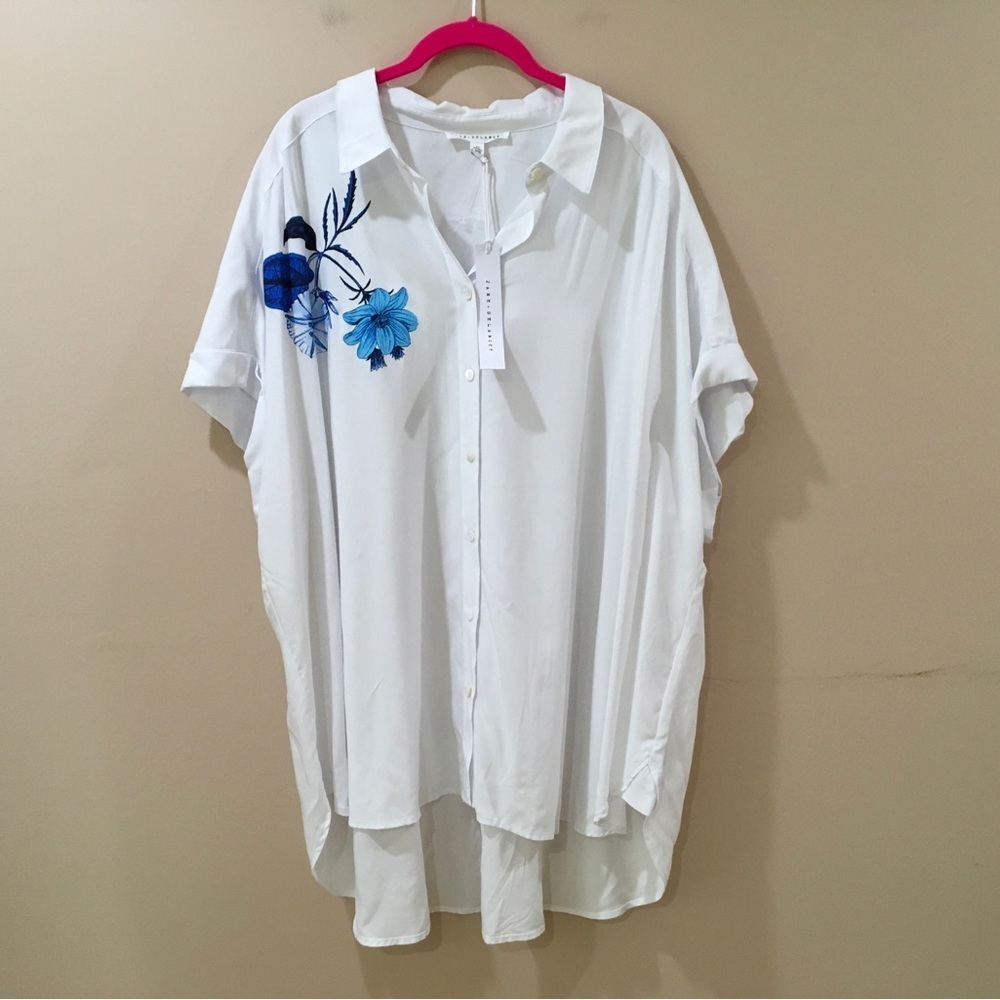 Jane And  Delancey Floral White Top Blouse Plus 2X Button Up Cottagecore NWT New